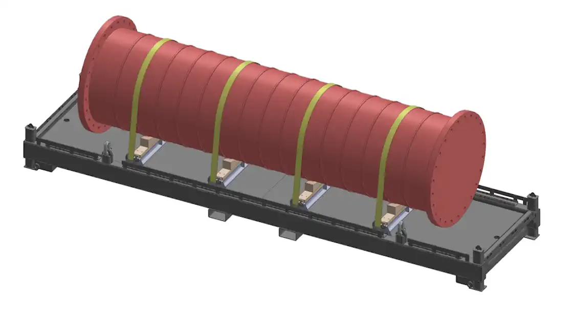 Sling-free bundle handling ensures secure transport of large cylindrical bundles on a sturdy frame.